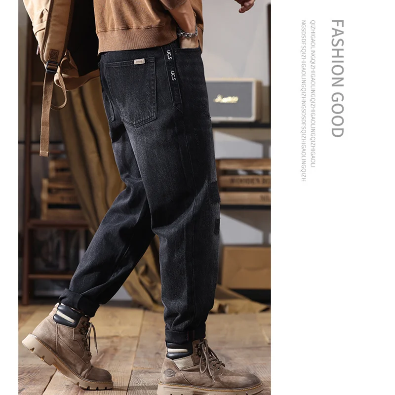 Streetwear Men Autumn and Winter New Straight Loose Cylinder Jeans Vintage Chaopai Large Comfortable Black Harun Trousers Female