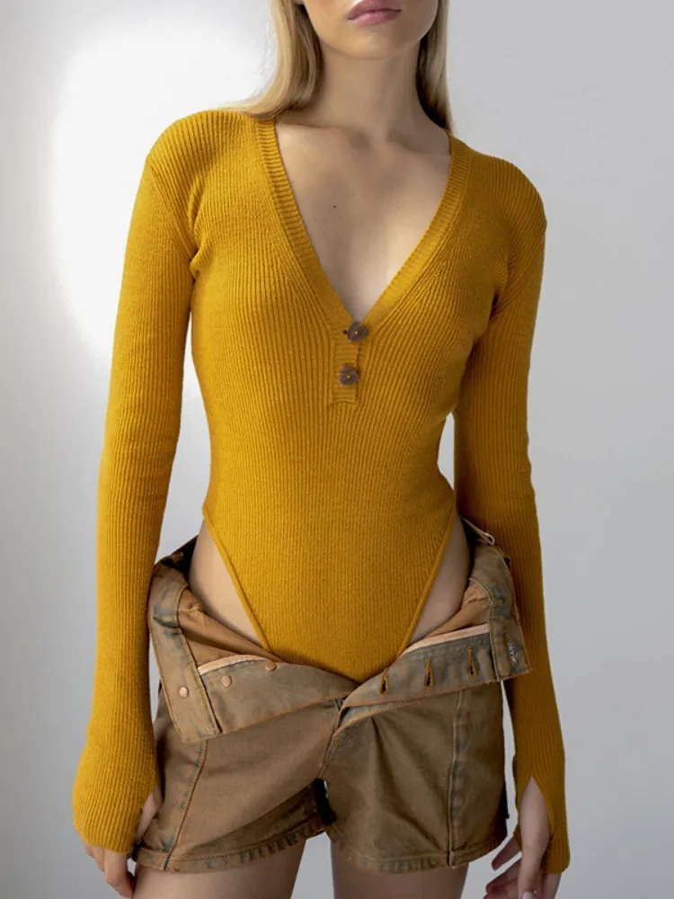 

V Neck Long Sleeve Sexy Bodysuit Women Bandage Bodycon Party Body Top Knitted Outfits Club Jumpsuit Casual