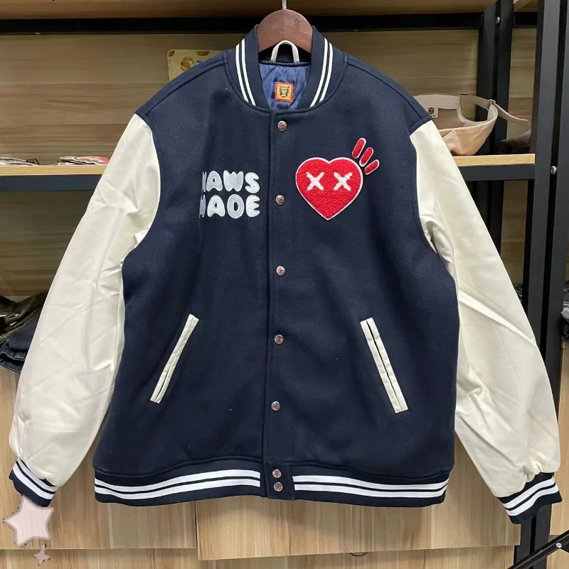 

Human Made Embroidered Casual Women's Men's Leather Sleeve Baseball Jacket