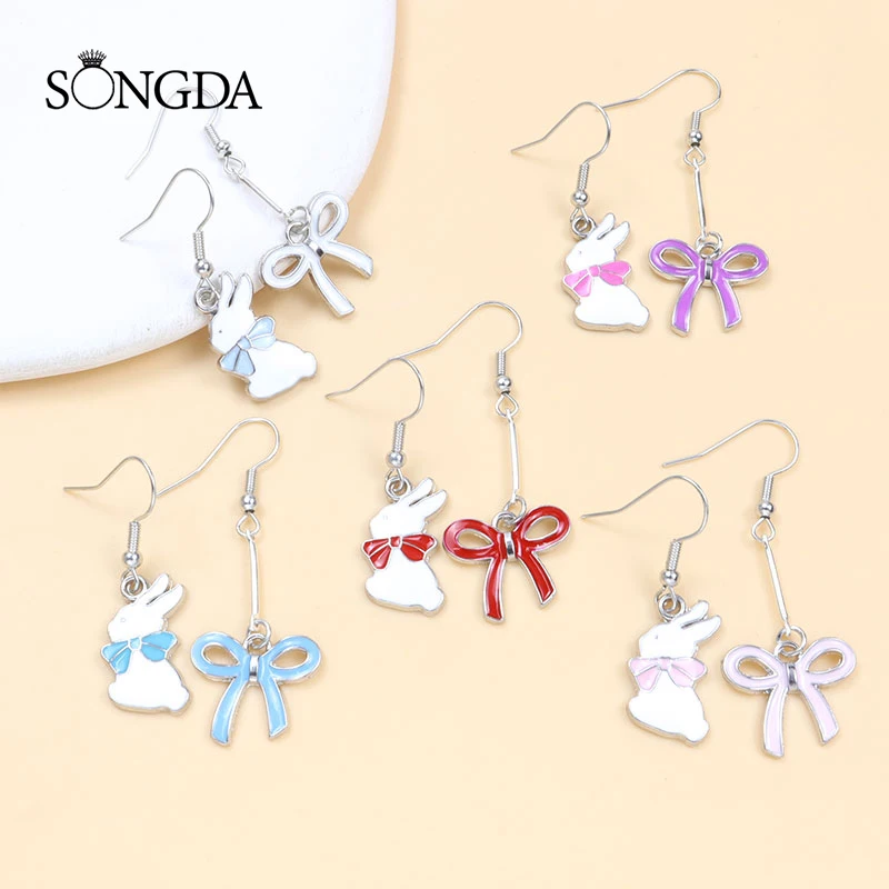 

Sweet Cute Bow Tie Enamel Drop Earrings Colorful Cartoon Rabbits Drip Oil Dangle Earrings For Women Girls Fashions Jewelry Gifts