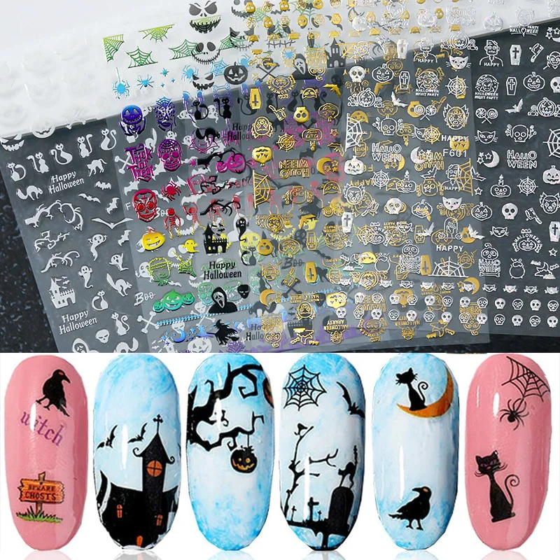 

1pc Nail Sticker Halloween 3D Laser Pumpkin Skull Color Sticker Gothic Skull DIY Nail Art