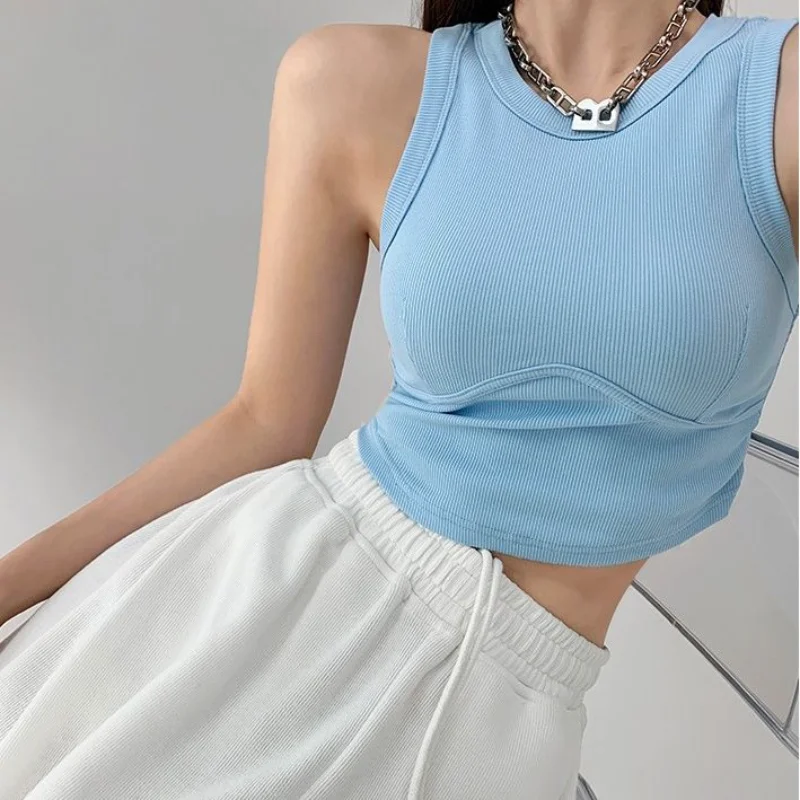 

Vintage Patchwork Tank Top Women Korean Fashion New Solid Round Neck Slim Sleeveless Y2k Crop Tops Teen Girls