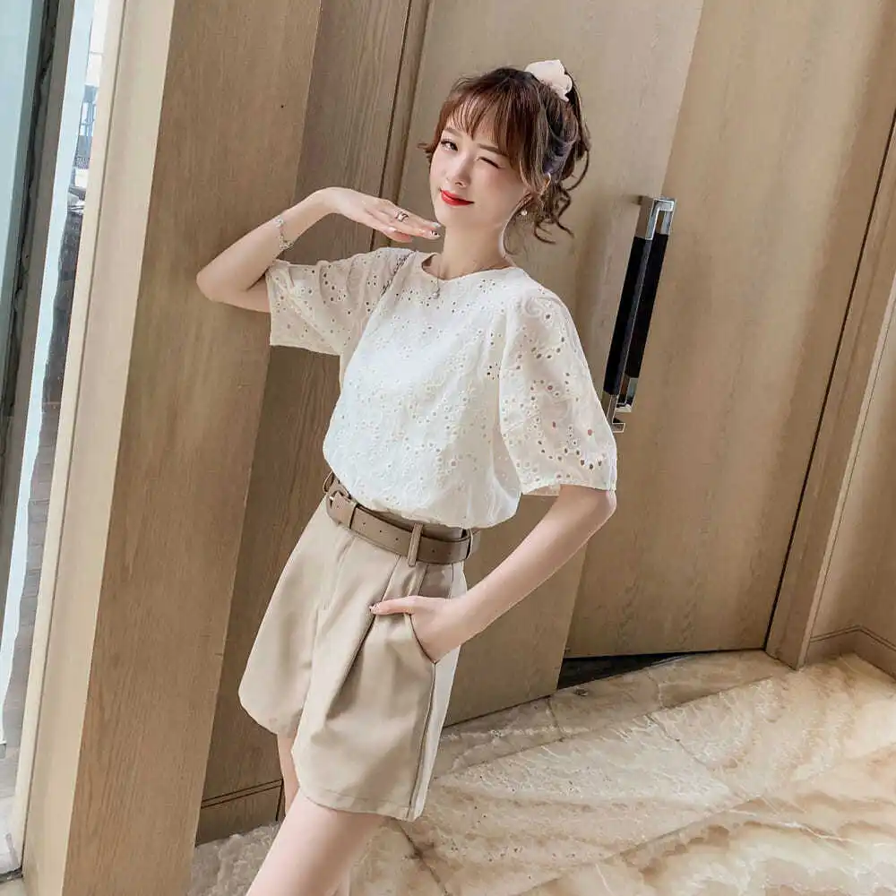 

Женские летние модные французские костюмы 2022, Женские топы с круглым вырезом и коротким рукавом и свободные широкие шорты, женские комплект...