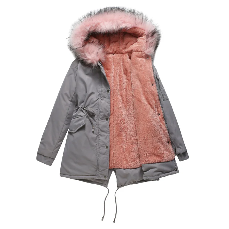 Autumn and Winter Mid-length Fleece Women's 2022 New Solid Color Fur Collar Thick Hooded Waist Slim Cotton Coat