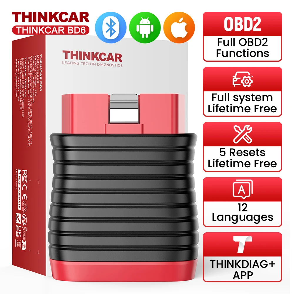 

THINKCAR BD6 obd2 сканер Bluetooth, проверка диагностического инструмента двигателя 5, сброс пожизненных бесплатных автомобильных инструментов