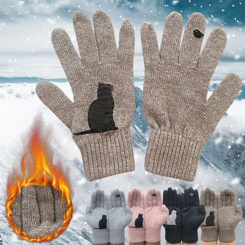 

Outdoor Warm Cold Proof Cute Animal Printing Wool Knitted Gloves Cat Fan Cotton Pink Simple Mitten Brand New Christmas Gloves