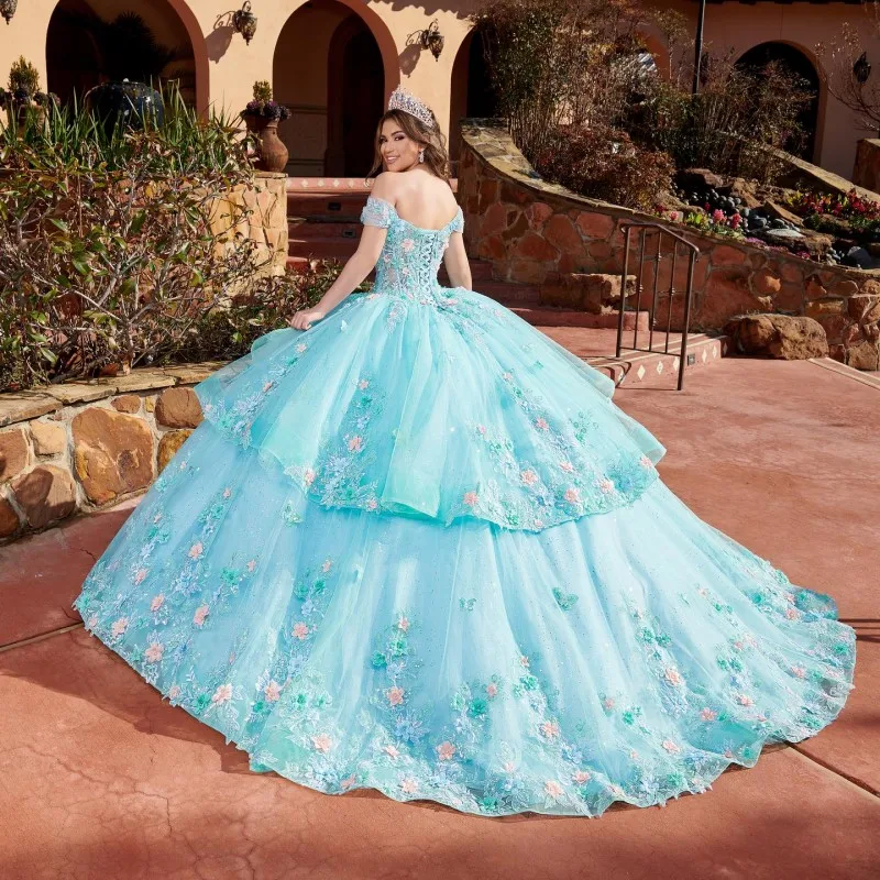 

Doymeny Off the Shoulder Quinceanera Dresses Layers Appliques Lace Ball Gown Sweet 15 16Prom Dress Birthday Party Pageant Gala