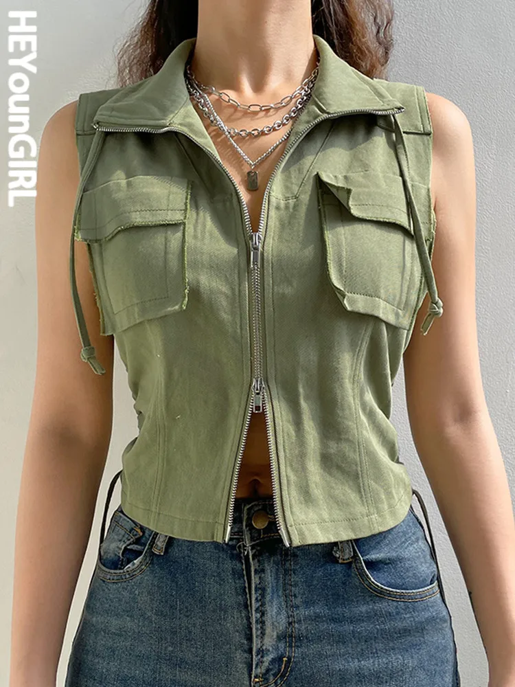 

HEYounGIRL Vintage Cargo Vest Tops Zipper Fashion Pocket Women's Jacket Y2K Aesthetic Sleeveless Casual Streetwear Crop Tops
