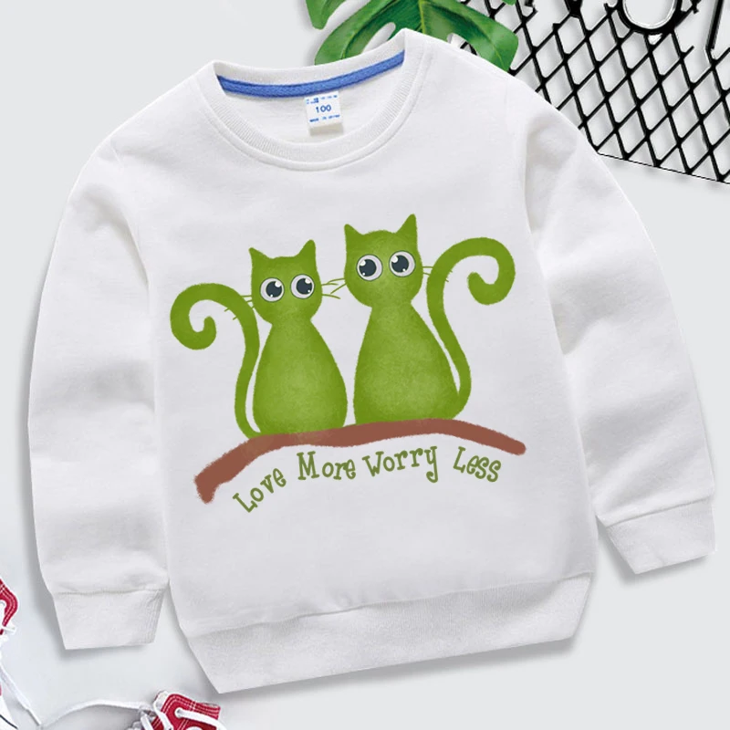 

Love More Worry Less Cartoon Two Cats on The Branch Print Children's Clothing Girls 2-14y Casual Multicolor Hoodies Sweatshirts