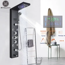 LED Light Shower Panel Waterfall Rain Digital Display Shower Faucet Set SPA Massage Jet Bathroom Column Mixer Tap Tower System