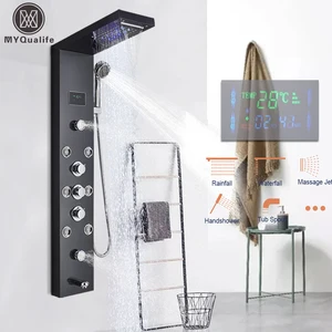 Душевая панель со светодиодсветильник, набор из смесителя для душа с цифровым дисплеем «Водопад», массажная струйная стойка для ванны, башенная система