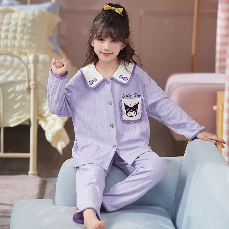 

Kawaii Sanrio Hello Kitty Kuromi My Melody Cute Cartoon Children's Pajamas Spring Autumn New Cotton Cardigan Long-Sleeved Suit