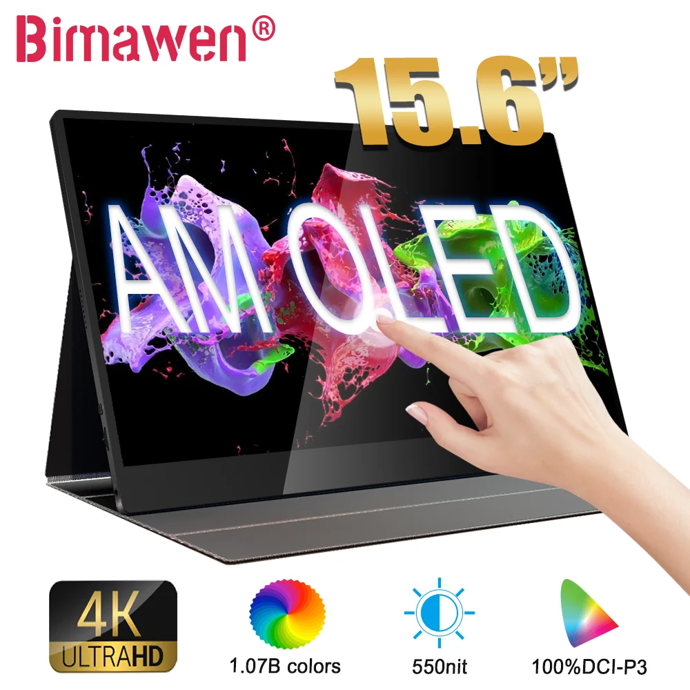 Сенсорный портативный монитор Bimawen, 15,6 дюйма, OLED, 4K, 1 мс, игровой монитор, сенсорный экран со встроенной подставкой, динамик 60 Гц, 550 нит для PS5
