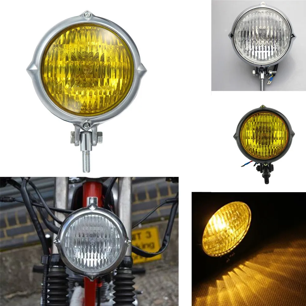 

Motorcycle 10mm Vintage Bates Style Headlight H4 Lamp Amber Light For Harley Sportster Softail Dyna Chopper Cafe Racer Custom