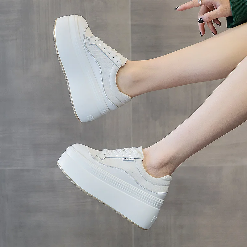 8cm New Canvas Genuine Leather Women Fashion Sneakers Platform Shoes Wedge Hidden Heel Ladies Summer Mixed Color Vulcanize shoes
