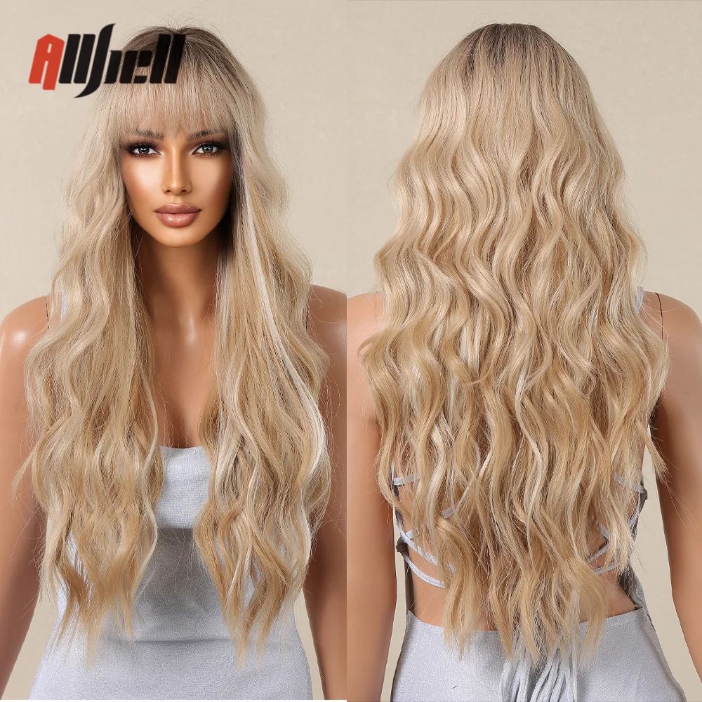

Synthetic Mixed Blonde Balayage Wigs with Bangs for Women Long Curly Warm Blonde Cosplay Daily Natural Hair Wig Heat Resistant