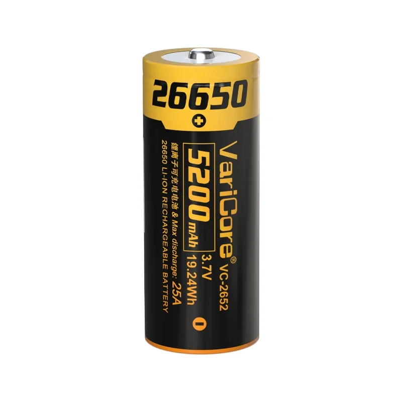 Фото Перезаряжаемая литиевая батарея 26650 VC-2652 3.7V 5200mAh 25A для мощных фонарей, без печатной платы, с плоским верхом №3