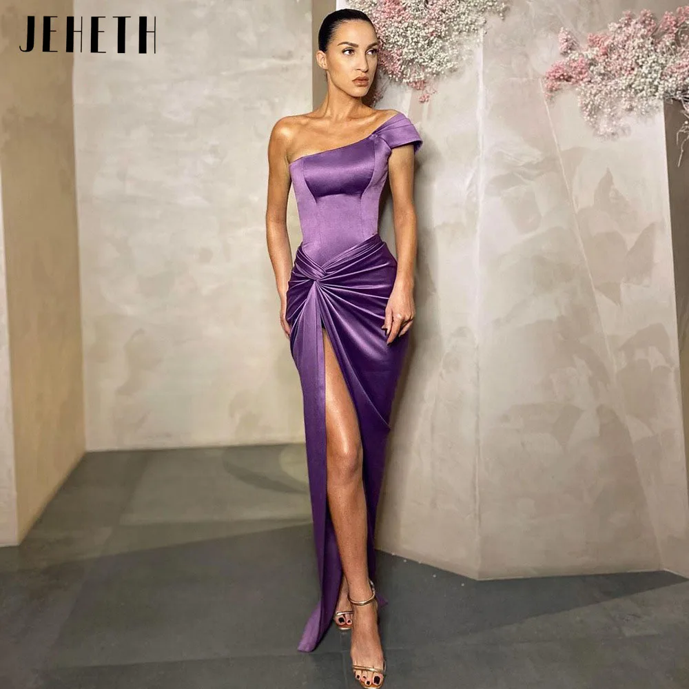 

JEHETH Purple Sexy One Shoulder Side Slit Satin Evening Dress for Women Elegant Pleated Backless Party Prom Gown robes de soirée