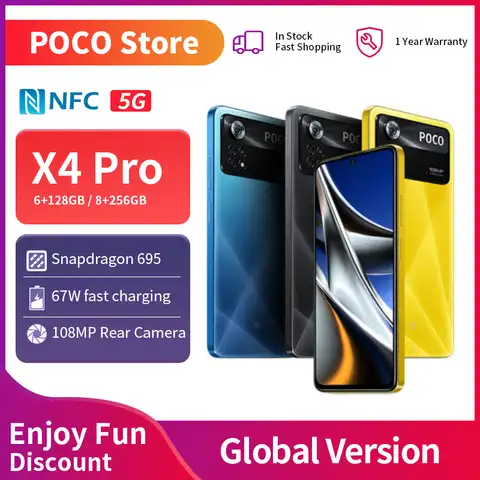 Смартфон глобальная версия POCO X4 Pro, телефон с NFC, 6 ГБ, 128 ГБ/8 ГБ, 256 ГБ, Snapdragon 695, 120 Гц, AMOLED, 67 Вт, турбо, 5000 мАч, камера МП