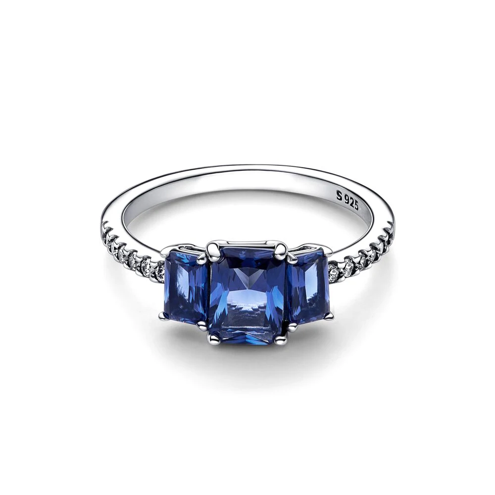 Pandora-Bague Rectangulaire Bleue à Trois Pierres de Rotterdam en Argent 925, Bijou Romantique Doux Haut de Gamme, Accessoires pour Femme