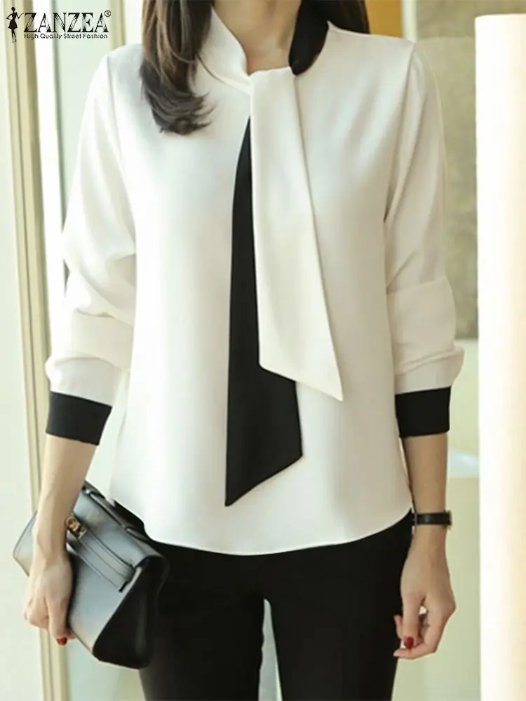 

Осенние женские рубашки с круглым вырезом ZANZEA, мода 2023, бандажные Топы с длинным рукавом, цветные блузы, повседневные свободные блузки на пу...