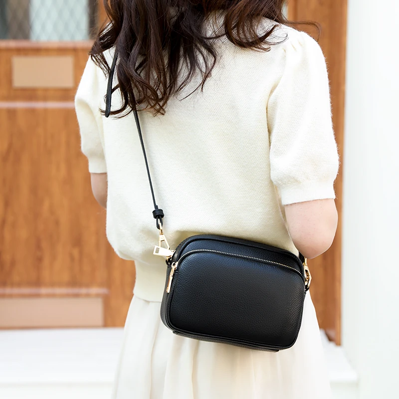 Genuine Cowhide Top Layer Leather Fashion Women Bag High Quality Multi Layer Zipper Shoulder Bag Ladies Black Shell CrossBodyBag