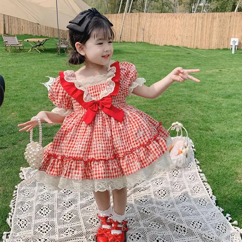 

2Pcs Girls Spanish Plaid Dresses Toddler Princess Lolita Ball Gown Infant Girl Birthday Turkey Clothes Baby Baptism Dress
