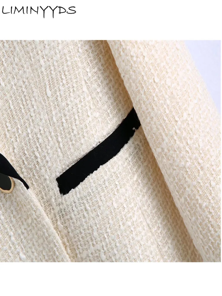 2023  New Women Fashion Double Breasted Tweed Blazer Coat Vintage Long Sleeve Pockets Female Outerwear Chic Jacket