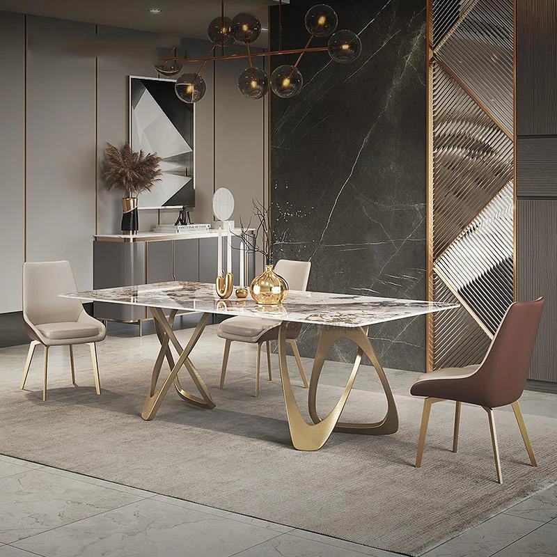 

Rock Plate Rectangular Dining Table Set 6 Chairs Gold Home Decor Kitchen Luxury Marble Concise Sintered Stone Salon Furniture