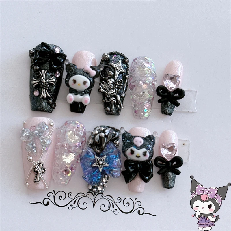 

Sanrio Kuromi Fashion Pink Black Sweet Cool Bow Long Stiletto False Nails Press On Wearable Handwork French Nails Manicure Tip
