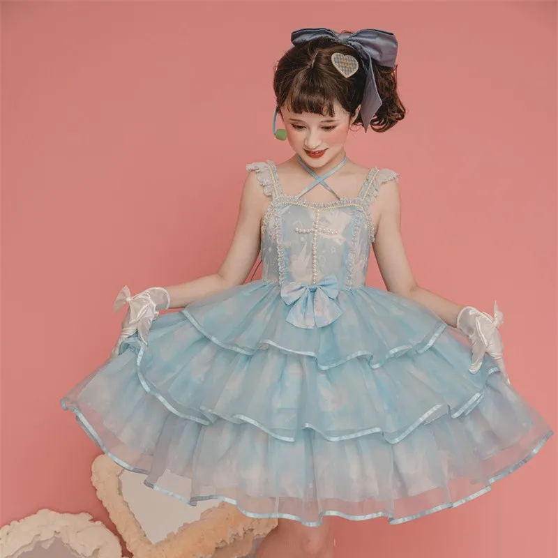 

Sweet Lolita Jsk Dress Women Princess Vintage Cute Lace Kawaii Dress Pearls Sleeveless Party Dresses Girly Victorian Dress