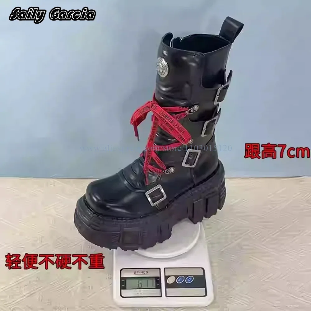 Мотоциклетные ботинки на массивном каблуке в стиле панк с боковой молнией