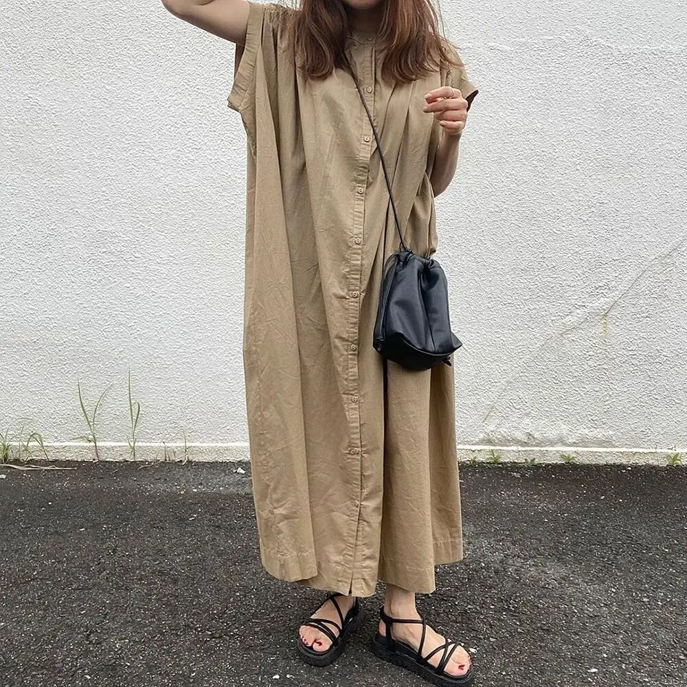 

Women Dress Solid Round Neck Buttoned Short Sleeve Loose Slim Shirt Dress Elegant Chic 2022 Summer New Korea Japan