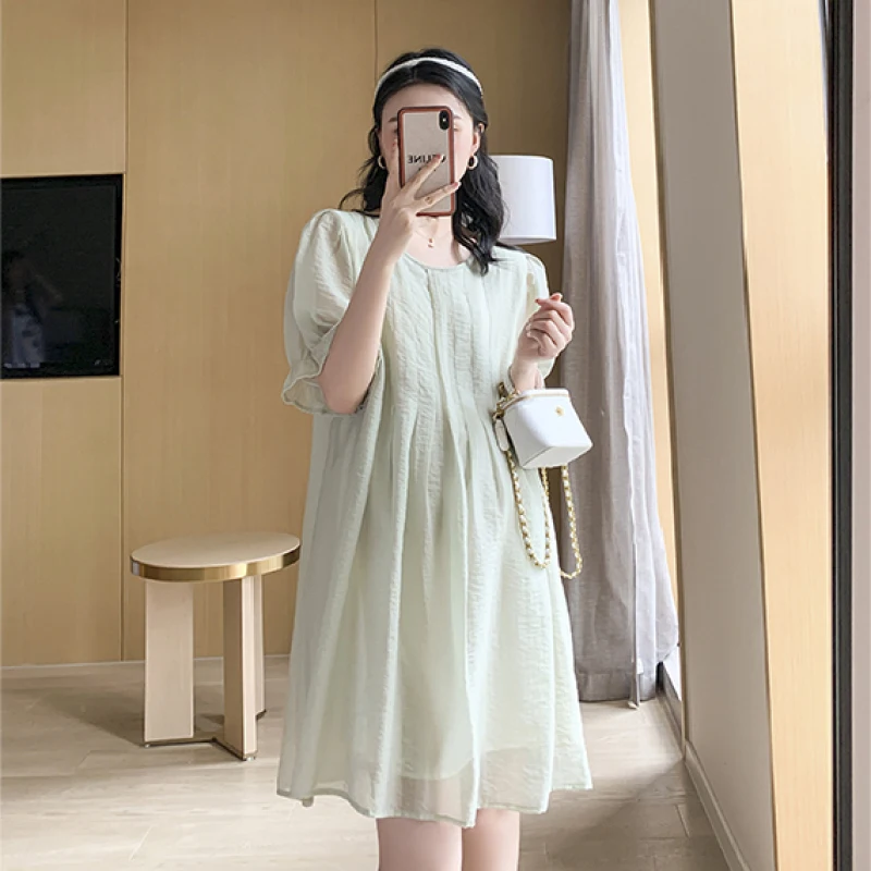 

1927# Summer Thin Tencel Cotton Maternity Dress Chic Ins A Line Loose Clothes for Pregnant Women Pleat Ruffle Pregnancy Clothing