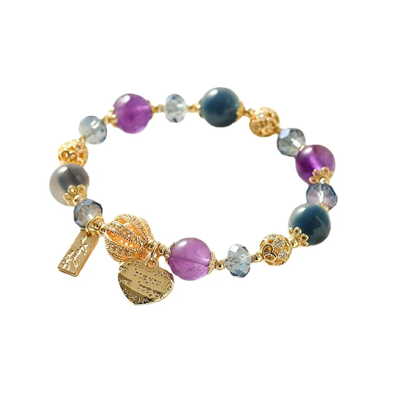 

Женский браслет с агатовым кулоном в форме сердца и полым шариком