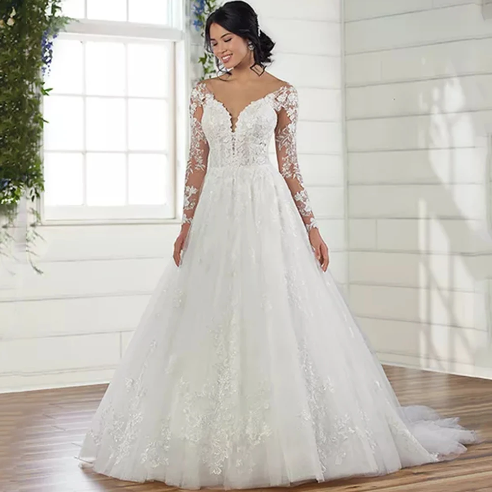 

Elegant Tulle Applique Wedding Dress Illusion Long Sleeves Open Back A-Line Floor Length with Sweep Train Bridal Gowns Robe