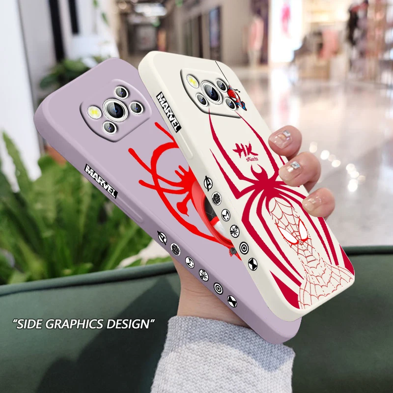 

Marvel Red SpiderMan Hero For POCO C55 X5 X4 M5S F4 M4 X3 F3 M3 C3 F2 Pro GT NFC 4G 5G Pro Liquid Left Rope Phone Case