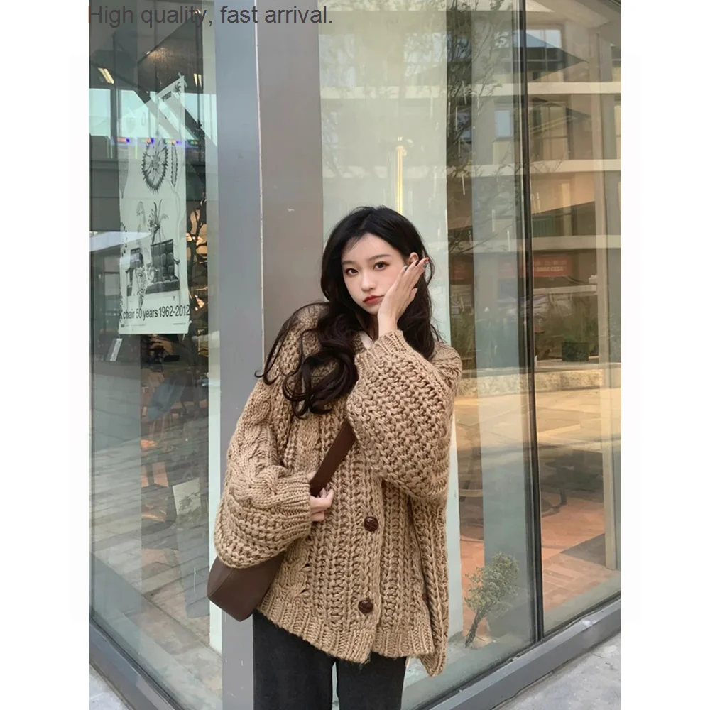 

Brown New Top Sweater Coat Women's Loose Early Autumn Hong Kong Style Retro Lazy Style Knitted Cardigan Autumn Spring