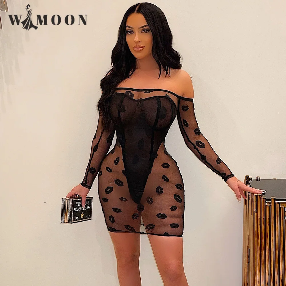 

Прозрачное Сетчатое платье с вырезом лодочкой и ворсом в виде губ, новинка сезона весна-лето 2022, женские облегающие прозрачные сексуальные ...