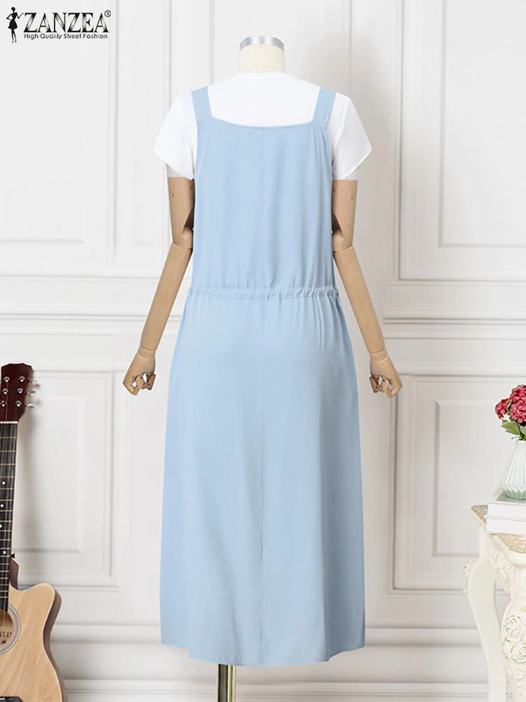 Модный женский Повседневный Сарафан ZANZEA на бретелях однотонный джинсовый синий