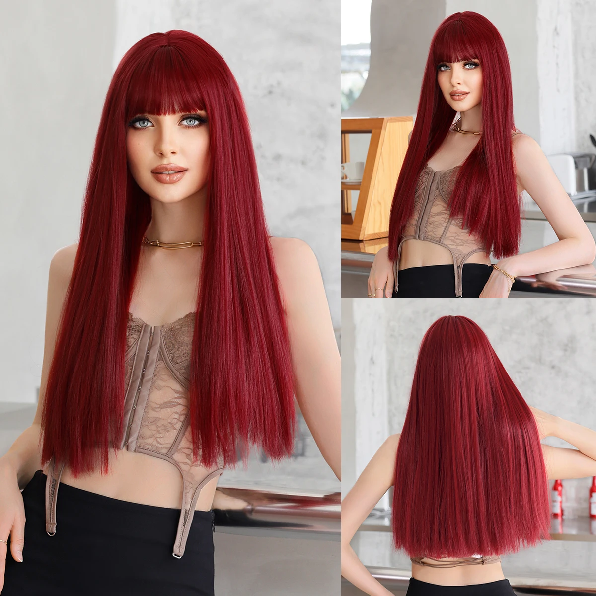 NAMM винно-красный длинный прямой парик для женщин, ежедневный женский ...
