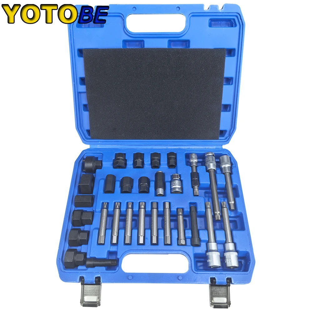 

30 шт., набор инструментов для ремонта шкива свободного хода генератора, набор инструментов для универсального двигателя, автомобильный ключ для снятия ремня автомобиля, инструмент