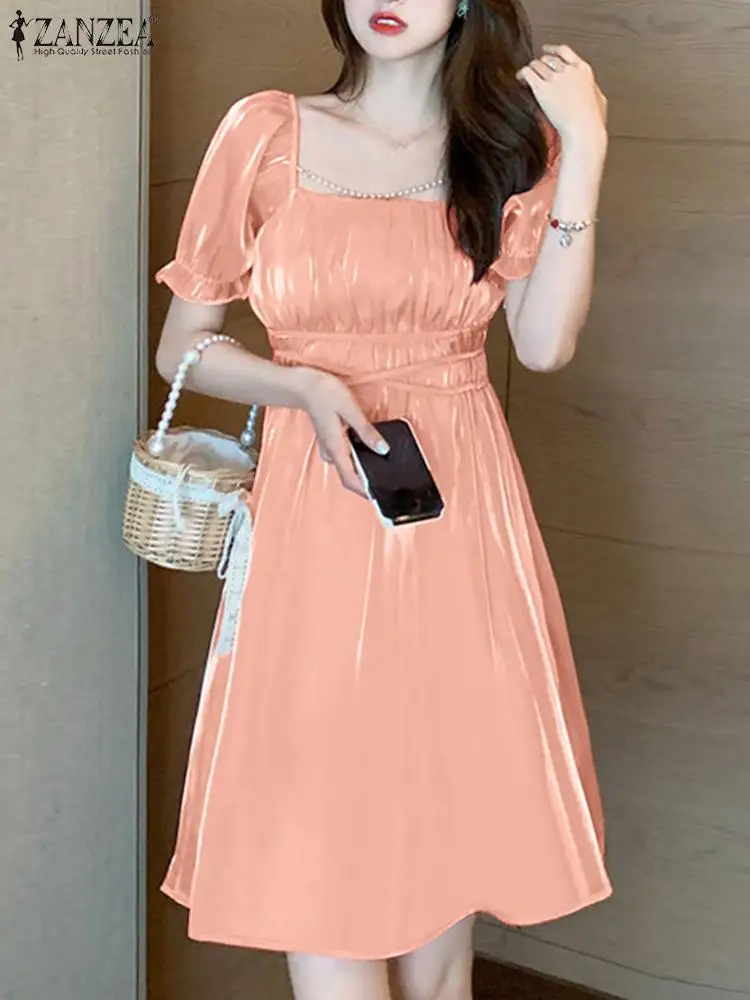 

Модное корейское короткое платье ZANZEA с короткими рукавами-фонариками и квадратным вырезом, мини-платье с плиссировкой спереди, глянцевое платье, женское элегантное платье