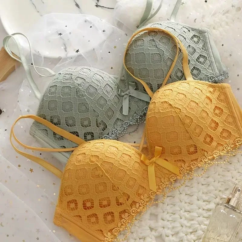

Women Underwear Girls' Cross-belt Plaid Lace Beautiful Back Underwear Ladies No Steel Ring Gather Up Support Adjustment Thin Bra