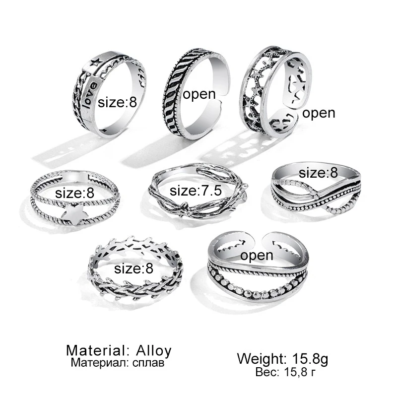 Винтажный металлический Серебряный набор колец с широкими костяшками для женщин