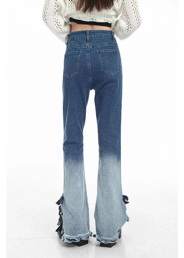 Edible Tree Fungus Gradient Jeans Woman 2023 Spring Summer High Waist Fashion Sweet Bow Slim Straight Wide Leg Denim Pants