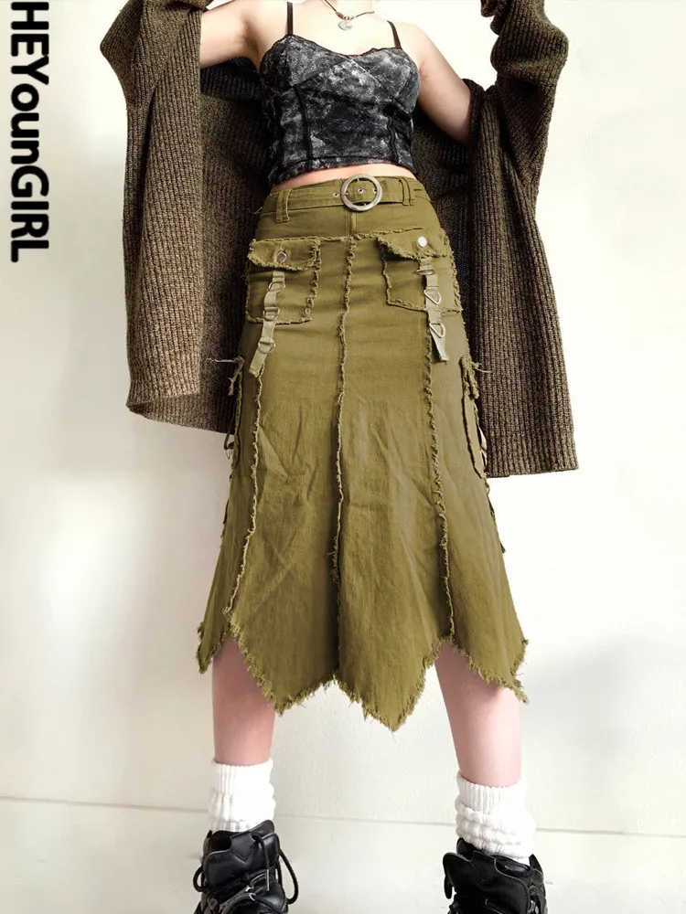 

HEYounGIRL Vintage Denim Long Skirts High Waist Casual Harajuku Pockets Jeans Skirts Ladies Punk Retro Mid Skirt Street Outfits