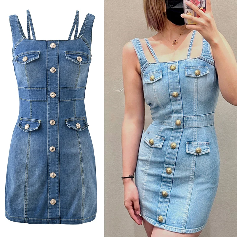 

Платье женское джинсовое без рукавов, пикантное прямое повседневное облегающее однобортное мини-платье на бретелях, на лето