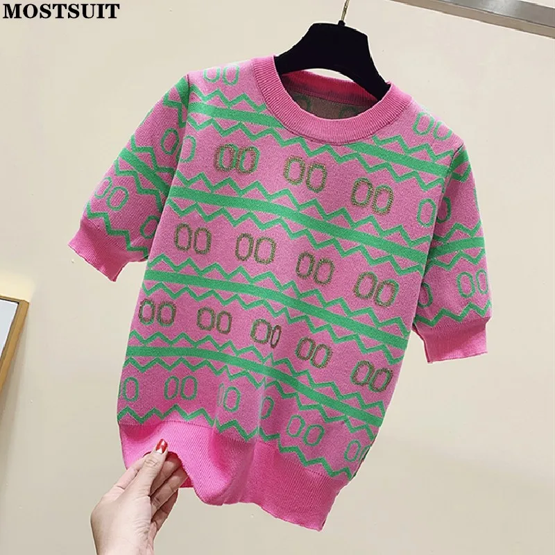 

2022 Summer Diamonds Beading Women Pullover Thin Knitted Short Sleeve Round Neck Ice Silk Sweaters Knitwears Stylish Fashion Top