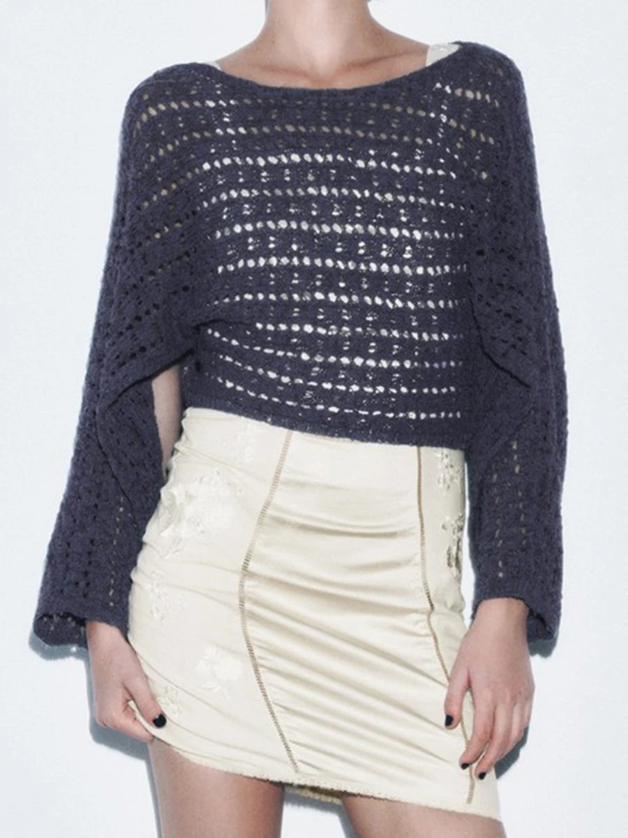 

Jacquard Mesh Knitted Crop Tops Women Summer Round Neck Long Sleeve Ripped Crochet Pullover 2023 New Vintage Fashion Sweaters